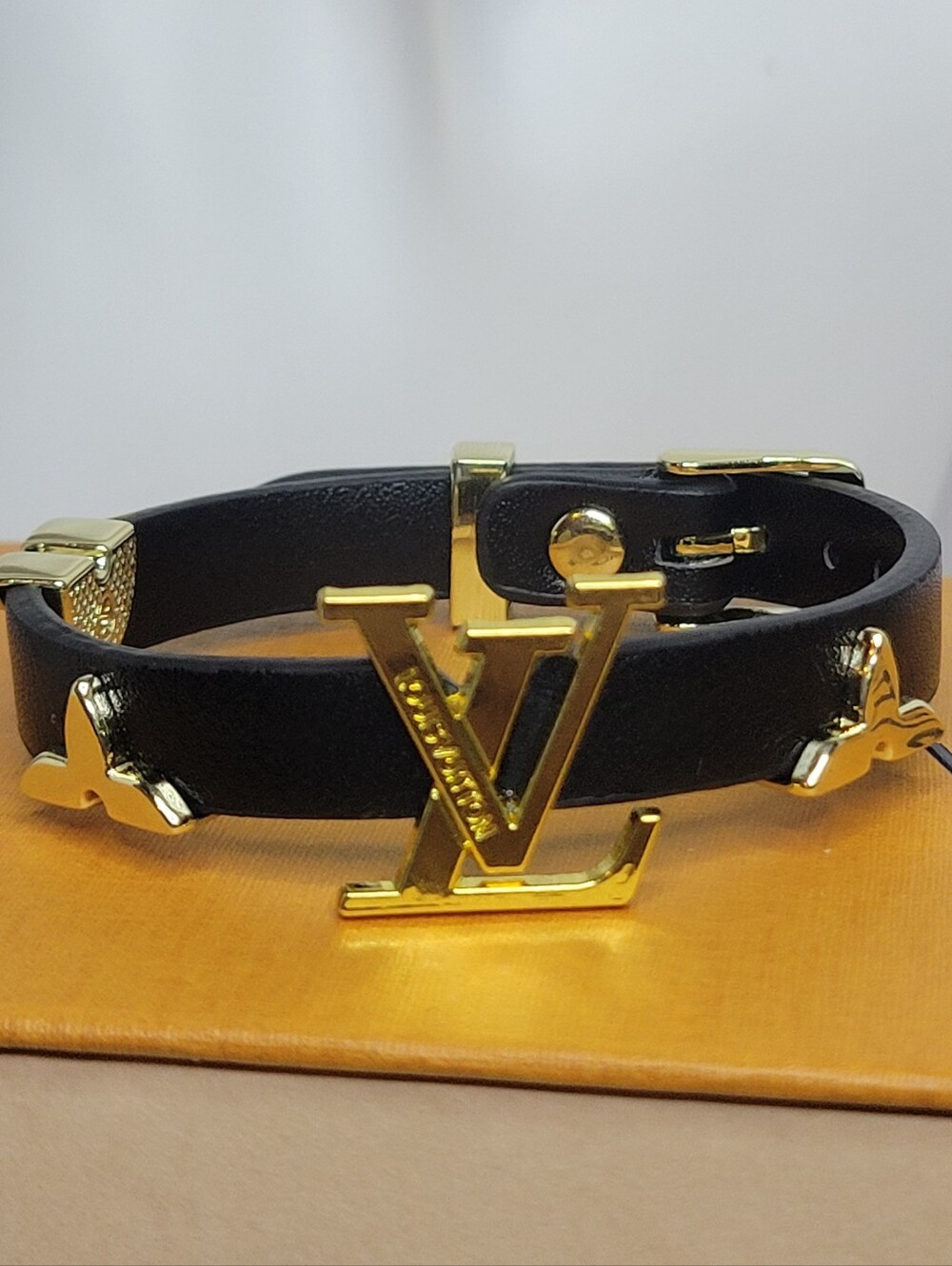 Black Vegan Leather Buckle Bracelet with Gold LV Monogram